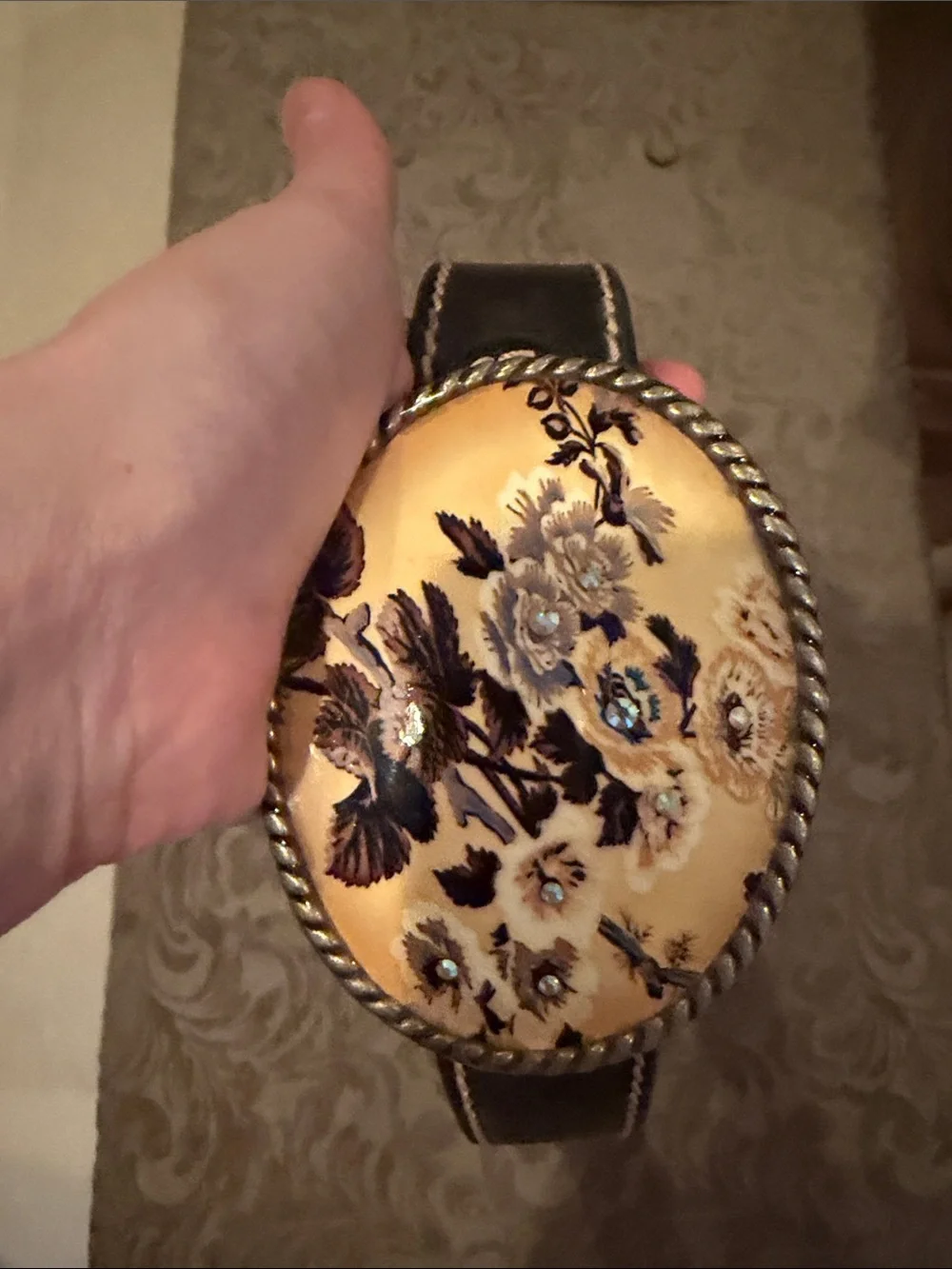 Hand-crafted Black Leather Belt with Yellow Floral Oval Buckle